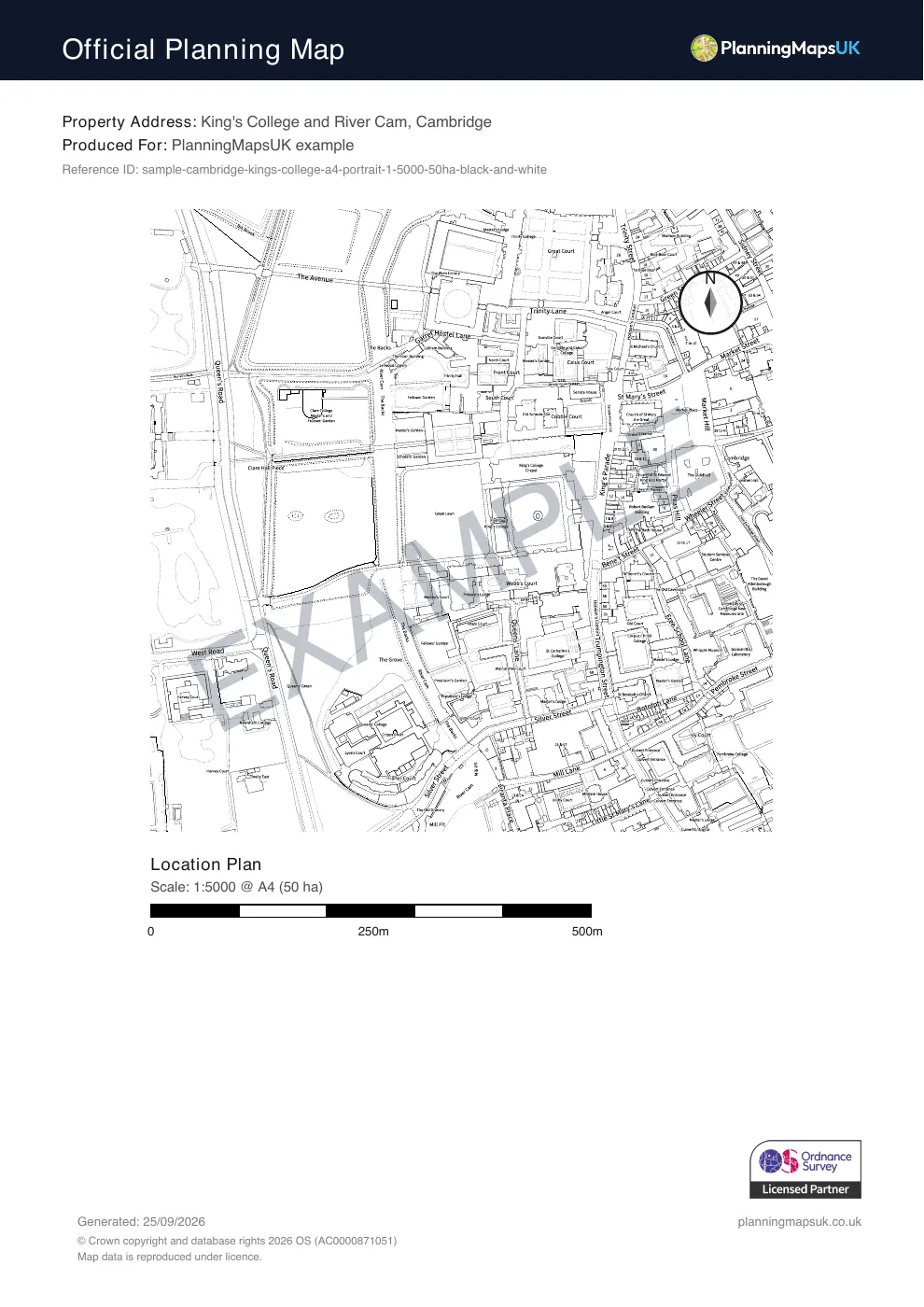 Black and white 1:5000 large-area plan sample of Cambridge
