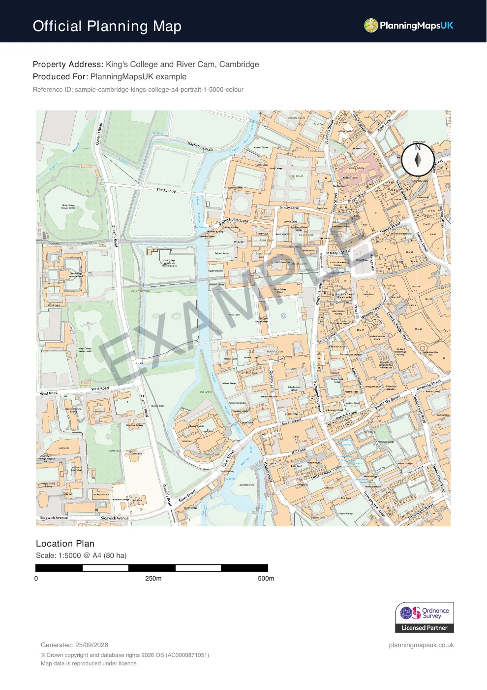 Colour Pop A4 portrait 1:5000 large-scale location plan sample of King's College, Cambridge, covering 80 ha
