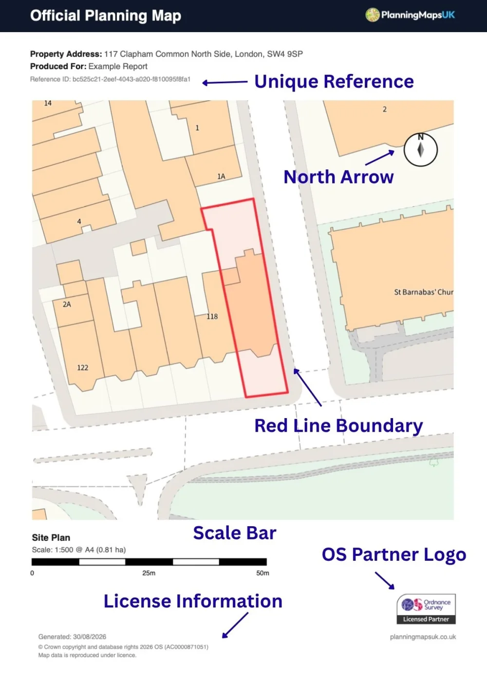 Annotated compliant UK planning map with its red boundary, north arrow, scale bar, reference and OS partner logo labelled