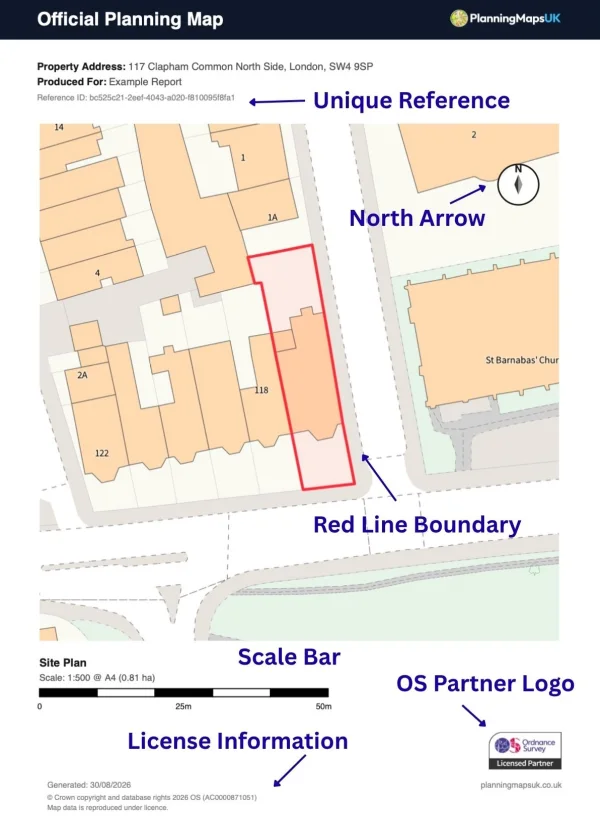 Annotated PlanningMapsUK plan showing the red line boundary, north arrow, scale bar, unique reference, OS partner logo and licence information