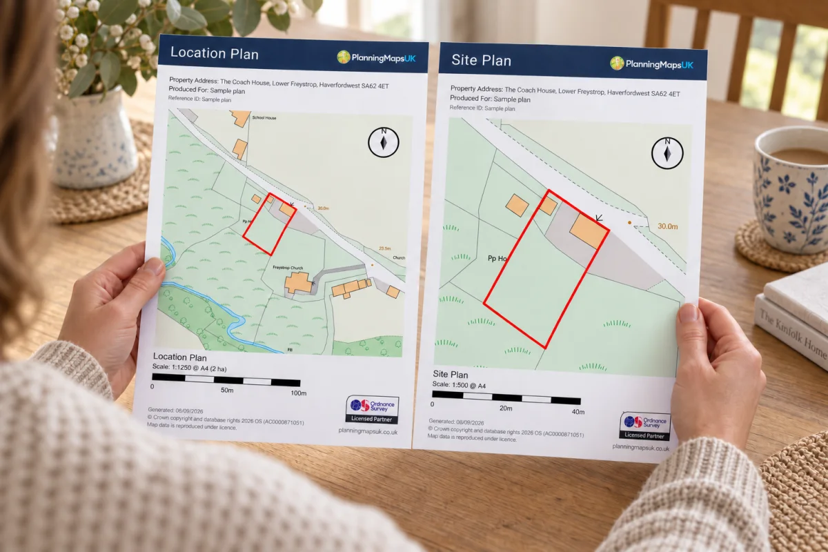 Homeowner holding printed location and site plans showing red boundaries, north arrows and scale bars
