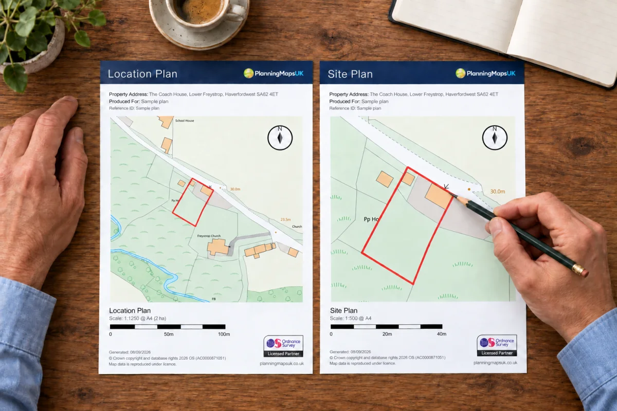 Reviewing a 1:500 site plan and 1:1250 location plan with red site boundaries at a desk