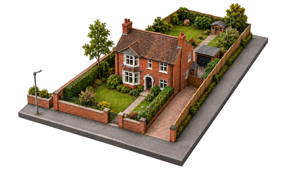 Isometric view of a UK home, garden and surrounding property boundary