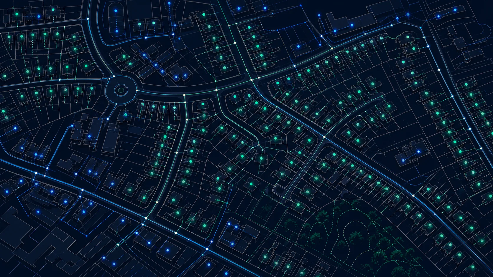Abstract AddressBase render showing address points and UPRN-style nodes over street and building geometry