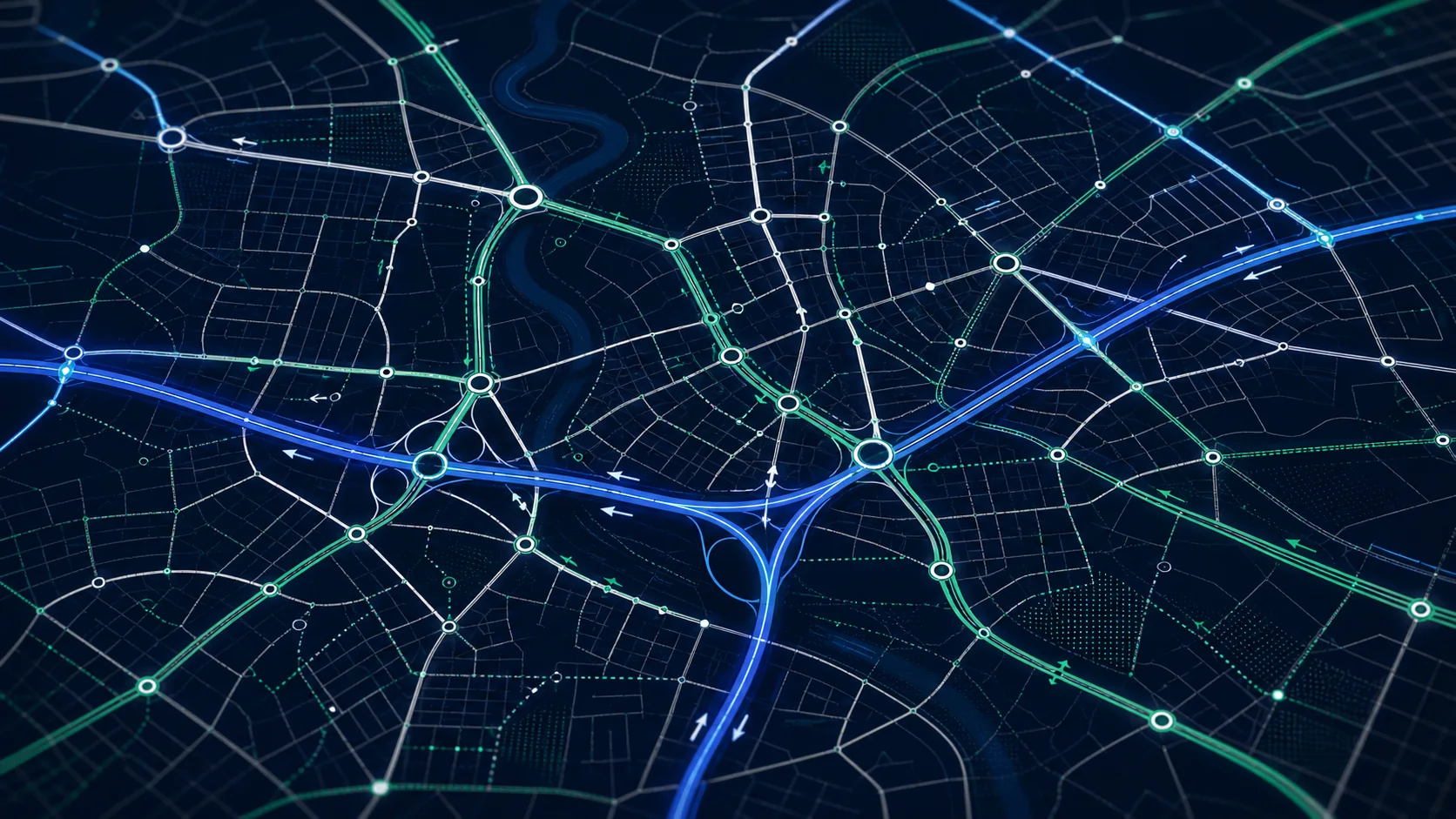 Abstract Highways Network render showing routable roads, junction nodes and route graph topology