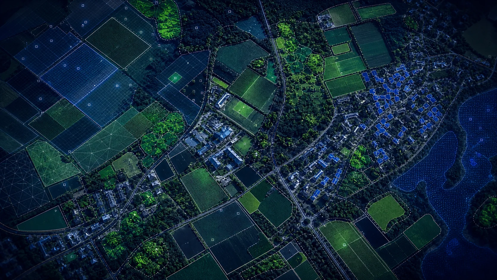 Abstract imagery layer render showing aerial mosaic texture with analytical overlays and segmentation masks