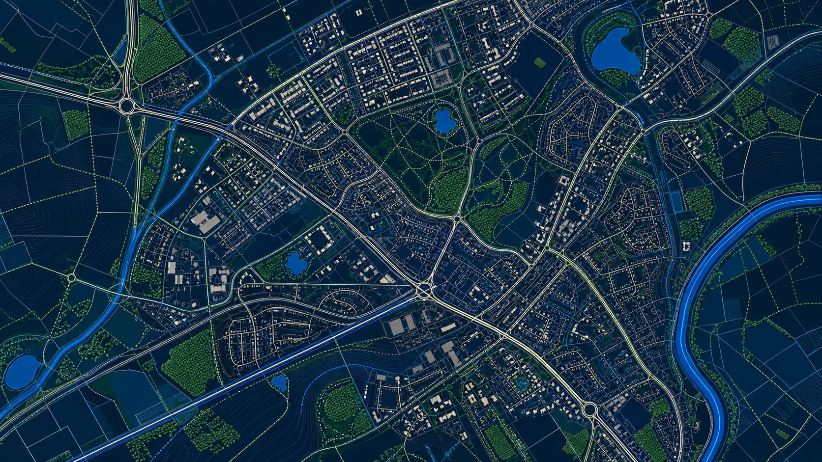 Abstract topographic data render showing buildings, roads, parcels, paths, water and vegetation layers