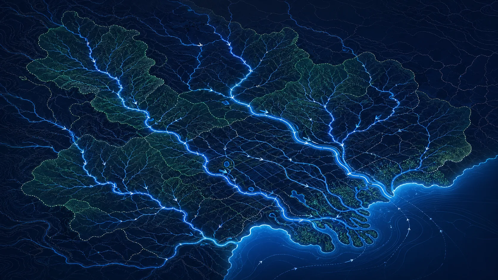 Abstract Water Network render showing connected rivers, streams, canals, flow direction and catchments