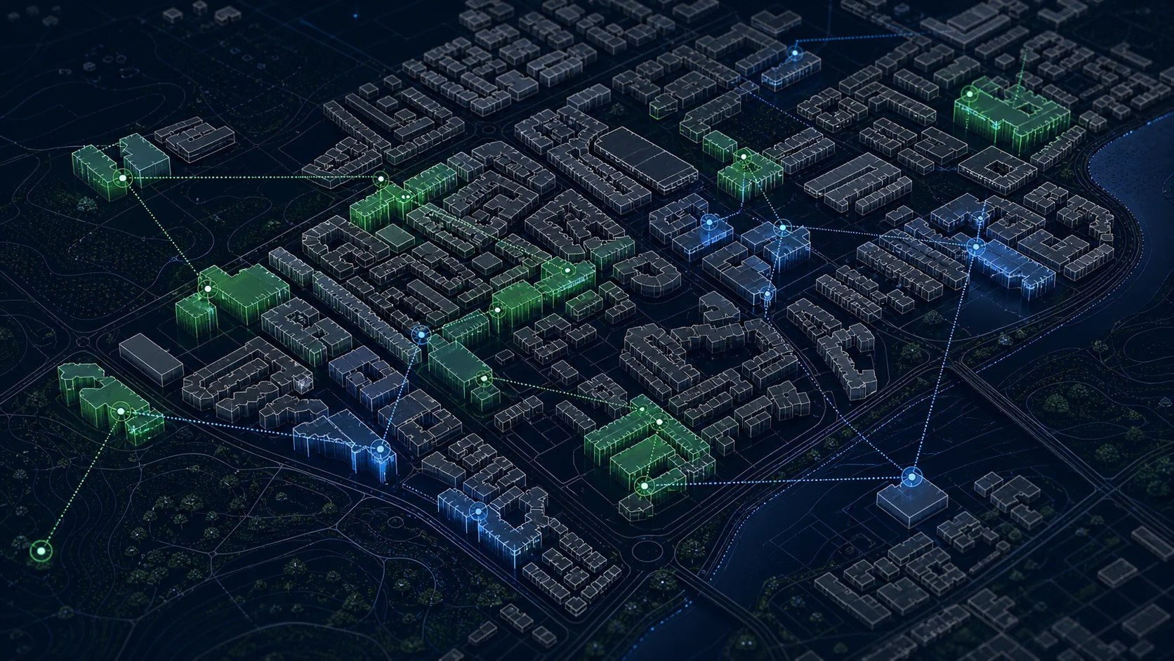 Abstract NGD Buildings render with building footprints, height shading and linked identifier nodes