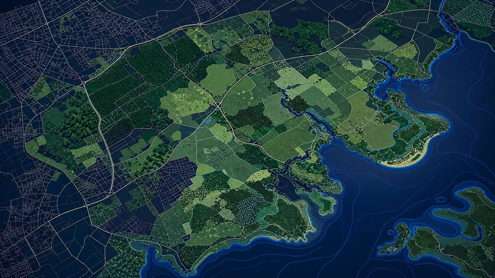 Abstract NGD Land Features render showing greenspace, vegetation, foreshore and surface classification polygons