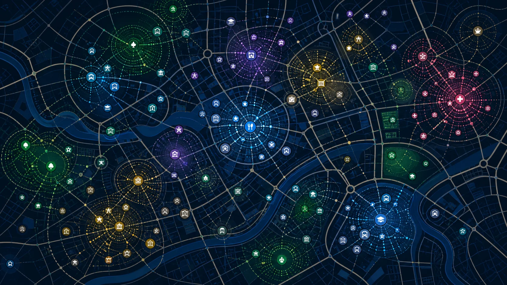 Abstract Points of Interest render showing classified POI clusters, catchment rings and city-grid point data