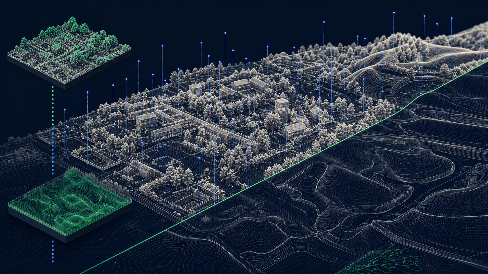 Abstract Terrain 1m render showing high-resolution LIDAR-style surface detail, buildings and vegetation elevation