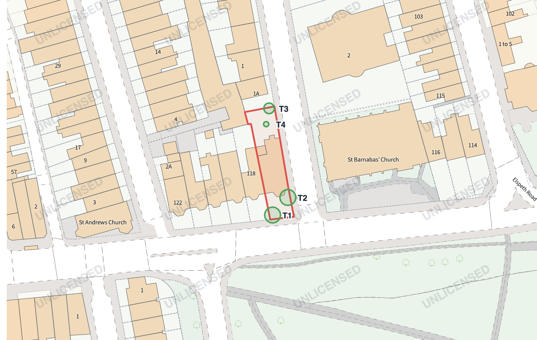 Annotated planning map showing a red-line boundary and four green tree canopy markers labelled T1, T2, T3 and T4